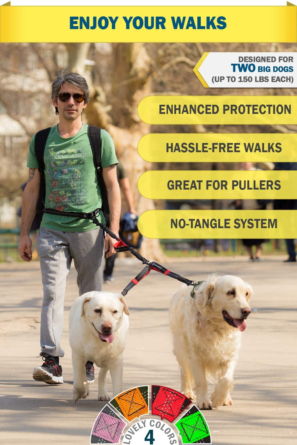 Exquisite Hands-Free Leash for Two Large Dogs – Perfect for Active Pet Owners – Comfortable, Durable & Ideal for Running, Walking, Hiking – Premium Dual Waist Lead with Bungee – Must-Have Dog Gear