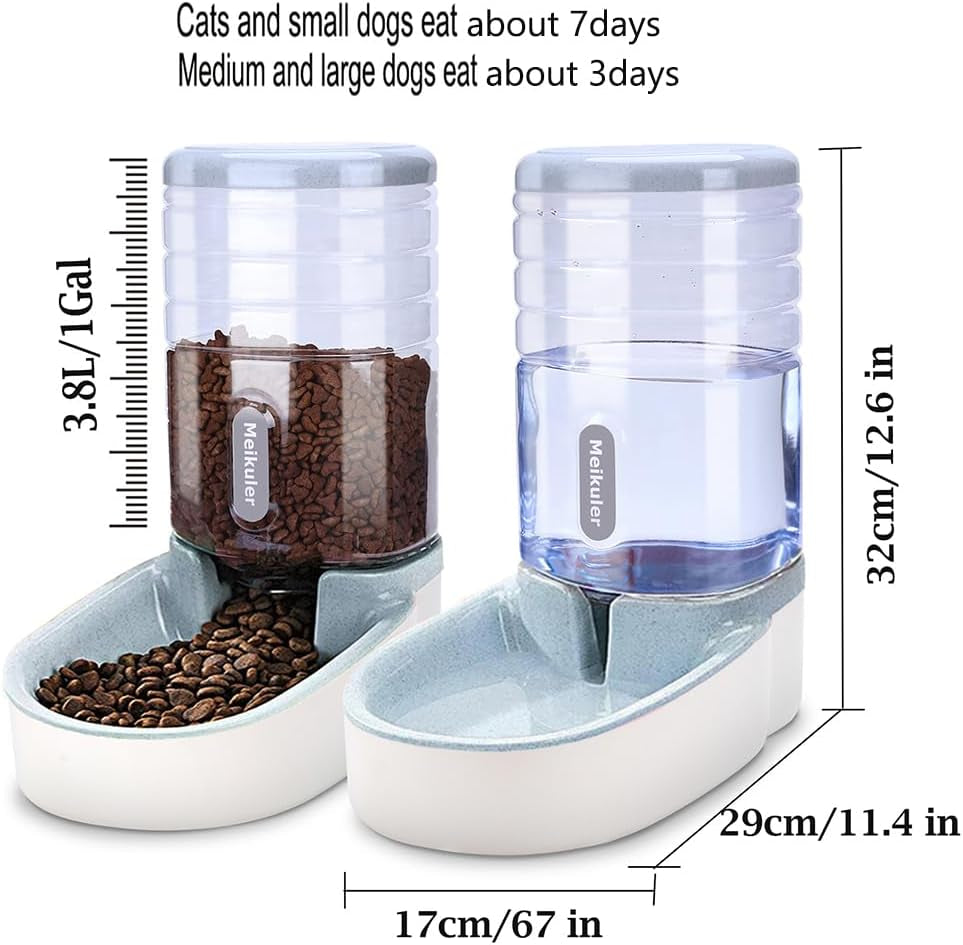 Automatic Dog Cat Feeder and Water Dispenser Set,Waterer and Gravity Food Feeder for Small & Medium Dogs Cats Puppies,Large Capacity 1 Gallon X 2 (Grey)