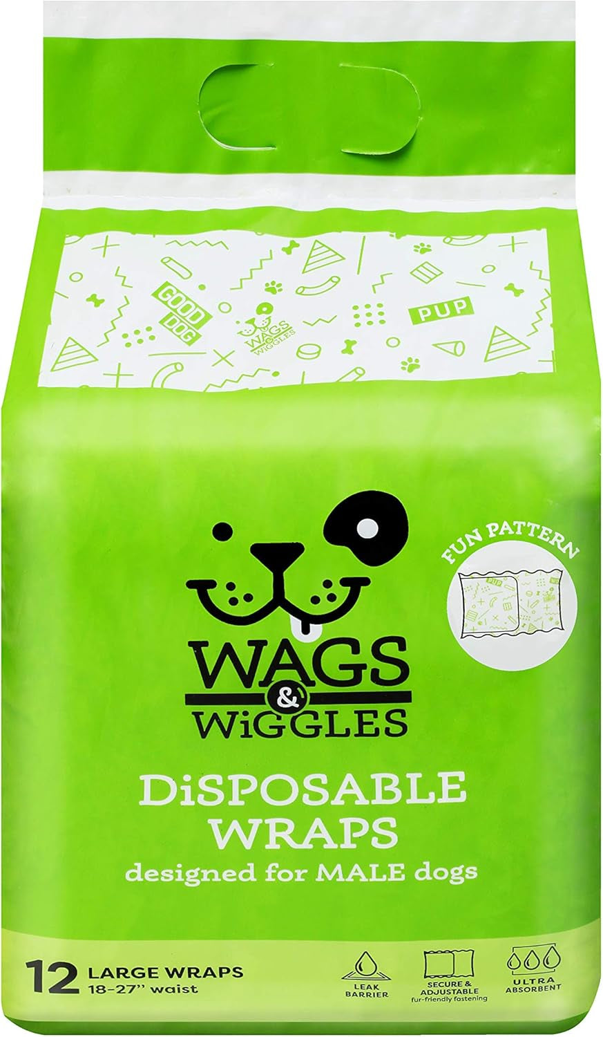 Male Wraps for Large Dogs | Disposable Male Dog Diapers | for Dogs with 18" to 27" Waist | Disposable Dog Diapers for Male Dogs (Pack of 1,12 Count Total)