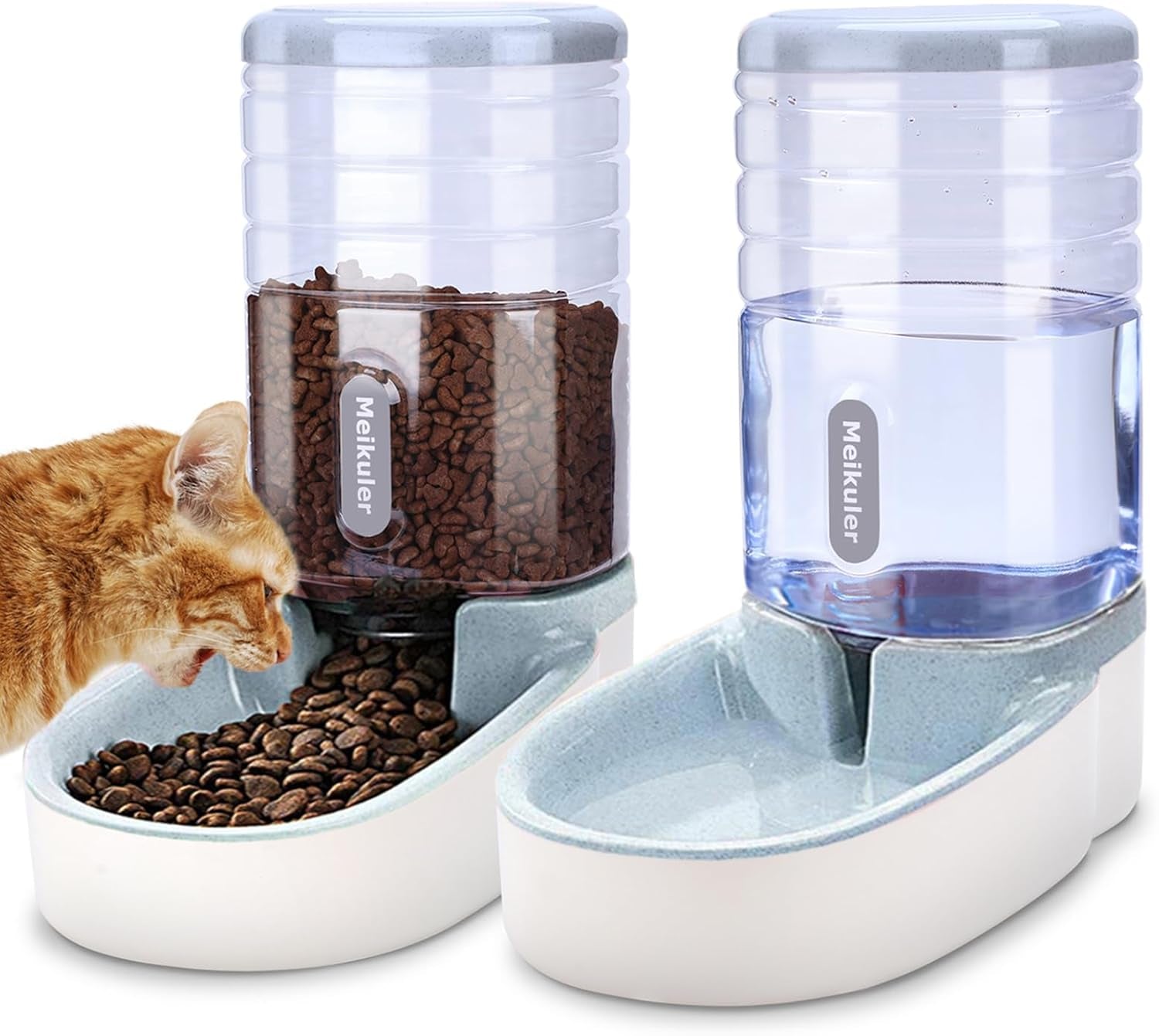 Automatic Dog Cat Feeder and Water Dispenser Set,Waterer and Gravity Food Feeder for Small & Medium Dogs Cats Puppies,Large Capacity 1 Gallon X 2 (Grey)