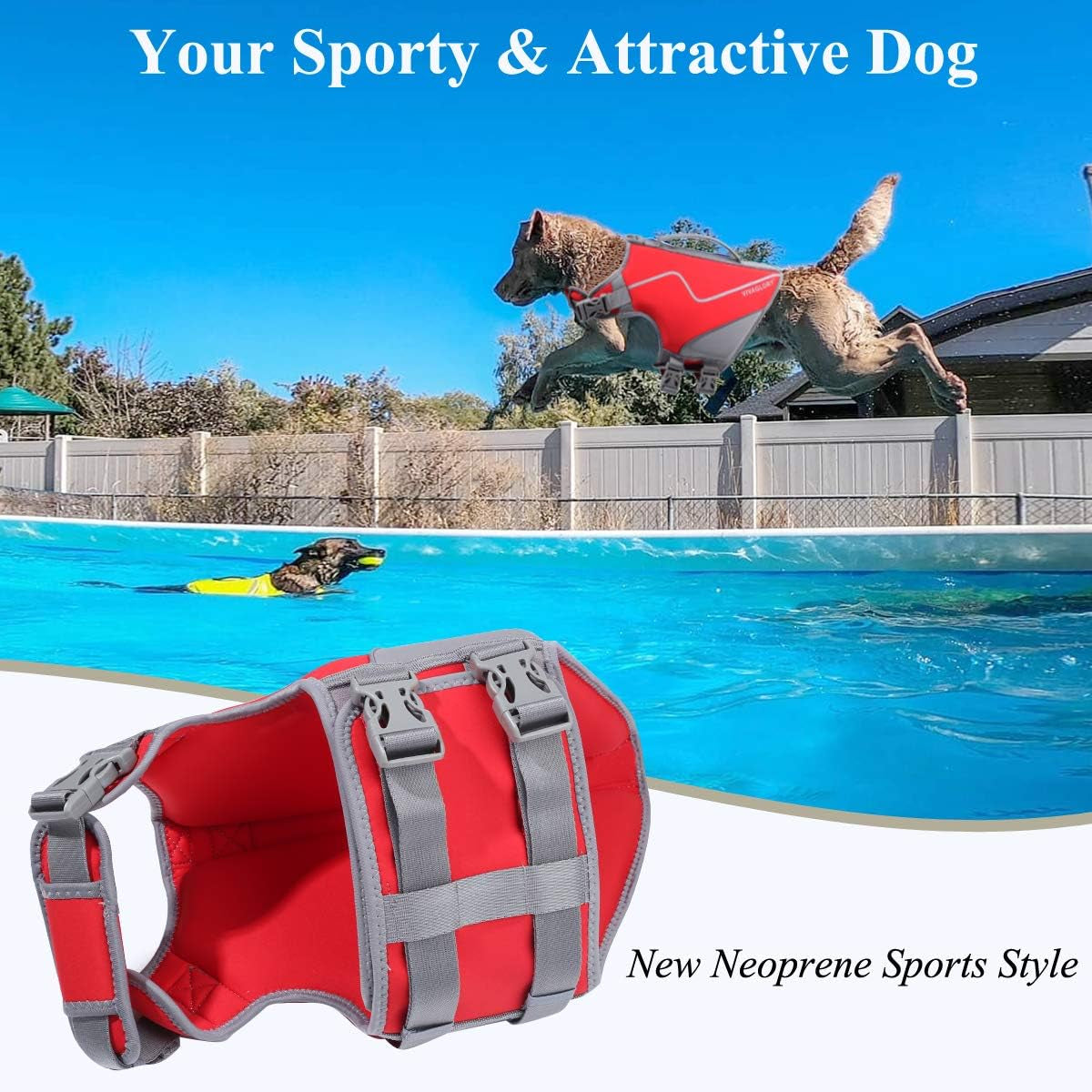 Neoprene Dog Life Jacket Doggy Life Jacket for Boating Hunting & Swimming, Lightweight with Leash Ring, M, Red