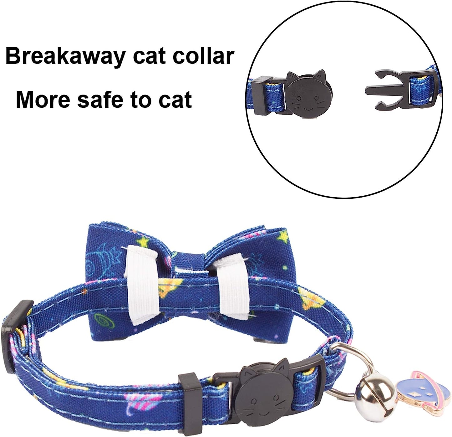 Cat Collar Breakaway with Cute Bow Tie Bell, 2 Pack Kitten Collar with Removable Bowtie, Universe Dinosaur Bowtie Collar for Cats (7.5"- 10.5")
