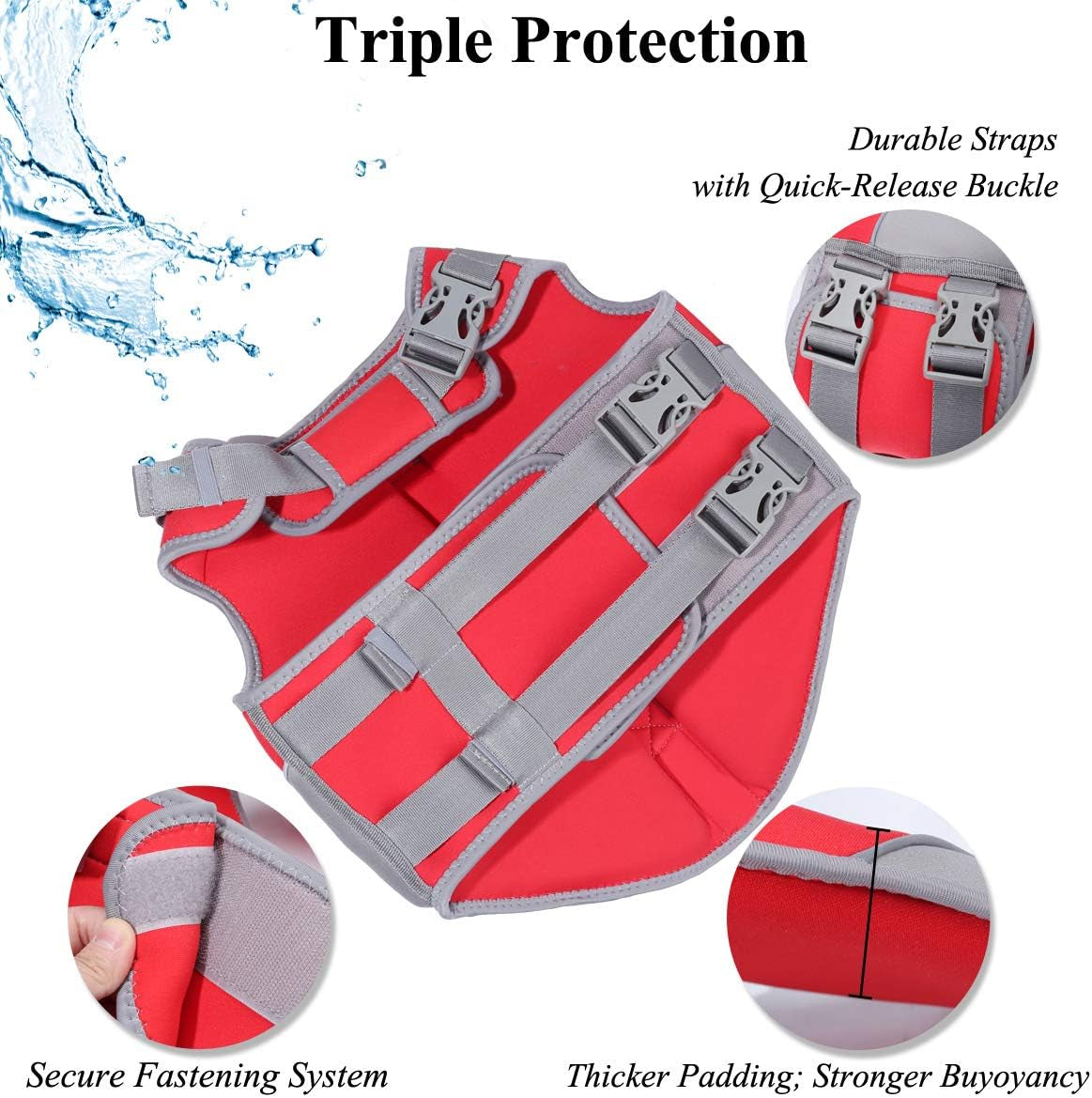 Neoprene Dog Life Jacket Doggy Life Jacket for Boating Hunting & Swimming, Lightweight with Leash Ring, M, Red