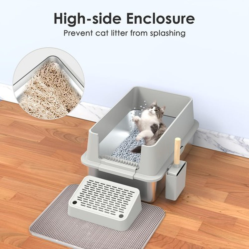Stainless Steel Cat Litter Boxxl High Sided with Poop Scooper/Footbo