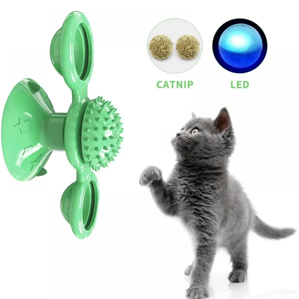 Windmill Cat Toy with Led Ball and Catnip Ball, Turntable Teasing Pet Toy, Funny Interactive Kitten Windmill Ball,Perfect for Massage,Scratching Tickle, Grinding the Teeth