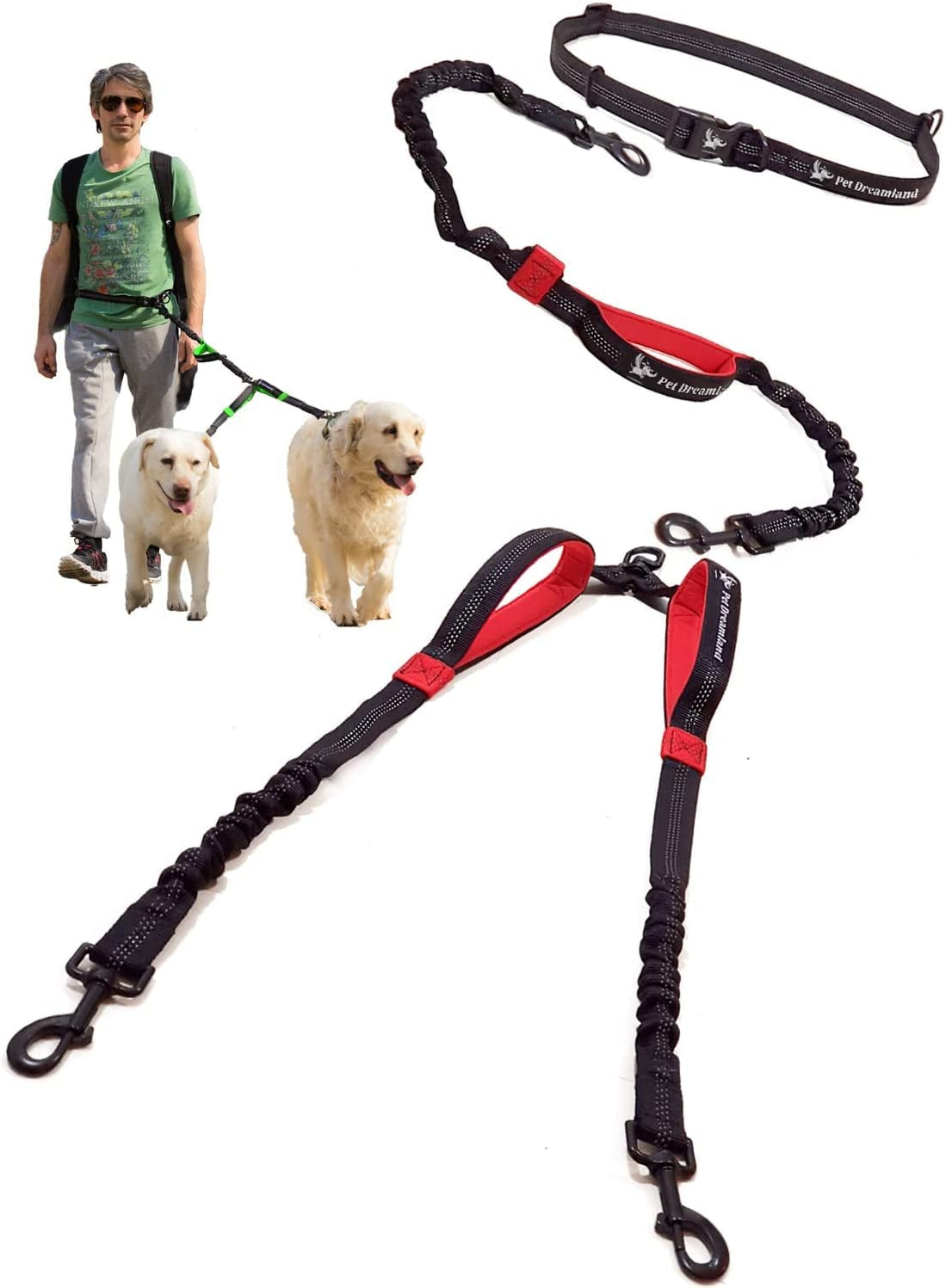 Exquisite Hands-Free Leash for Two Large Dogs – Perfect for Active Pet Owners – Comfortable, Durable & Ideal for Running, Walking, Hiking – Premium Dual Waist Lead with Bungee – Must-Have Dog Gear