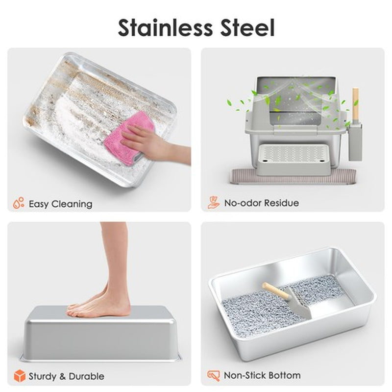Stainless Steel Cat Litter Boxxl High Sided with Poop Scooper/Footbo