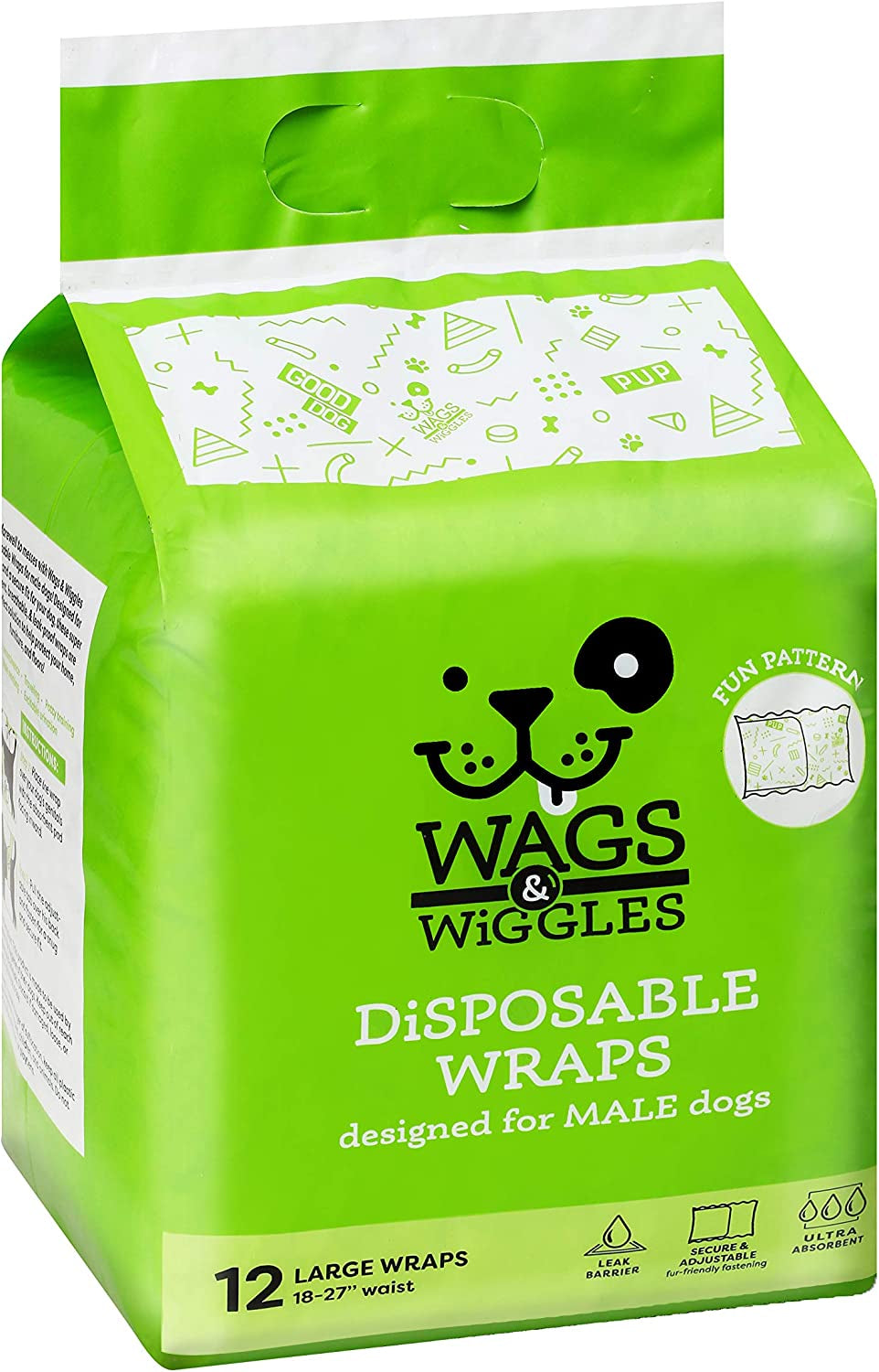 Male Wraps for Large Dogs | Disposable Male Dog Diapers | for Dogs with 18" to 27" Waist | Disposable Dog Diapers for Male Dogs (Pack of 1,12 Count Total)